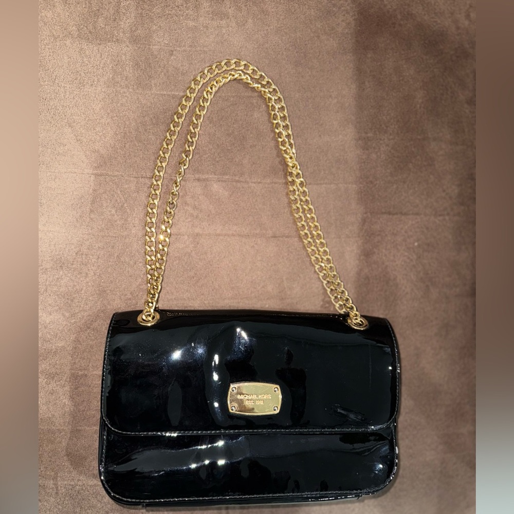 Michael Kors Black Patent Shoulder Bag with Gold Chain